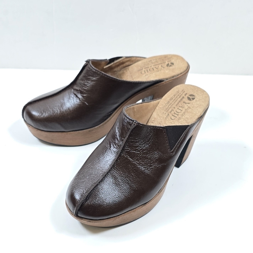 70s Retro Brown Sheepskin Leather Platform Clogs Mules Boho Retro Handmade Sz.6 - Picture 2 of 11